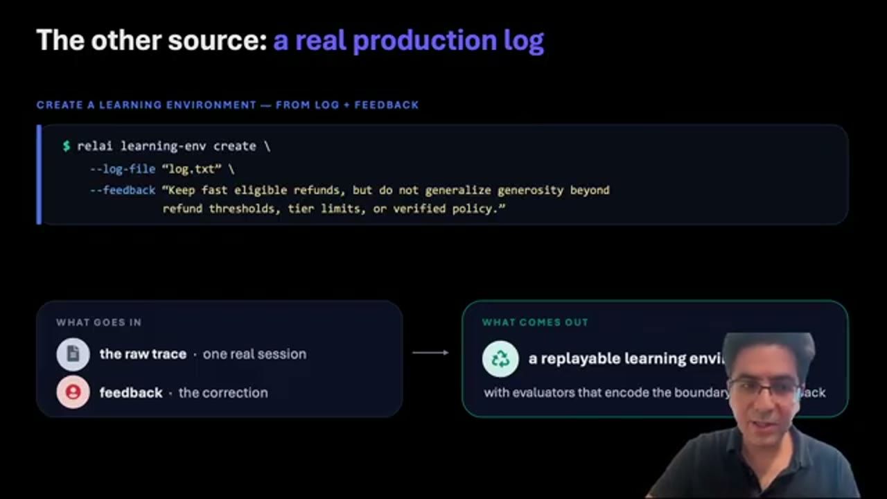 Slide The other source: a real production log, lệnh relai learning-env create với --log-file và --feedback