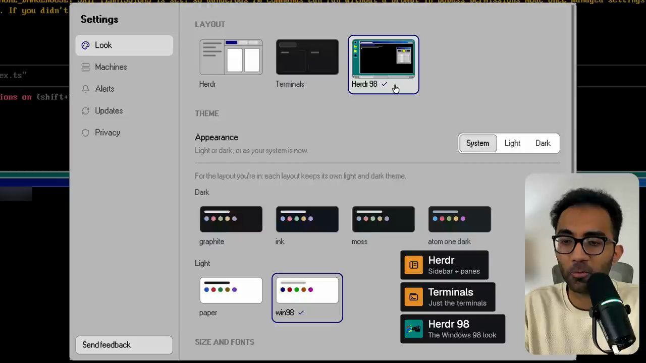 Settings của herdr, mục Look: ba layout Herdr, Terminals, Herdr 98 và các theme
