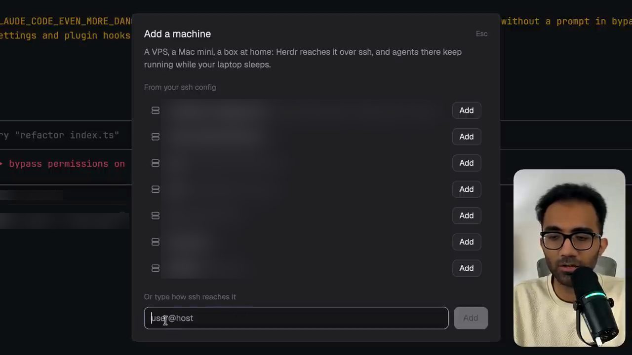 Hộp thoại Add a machine của herdr: danh sách từ ssh config và ô user@host