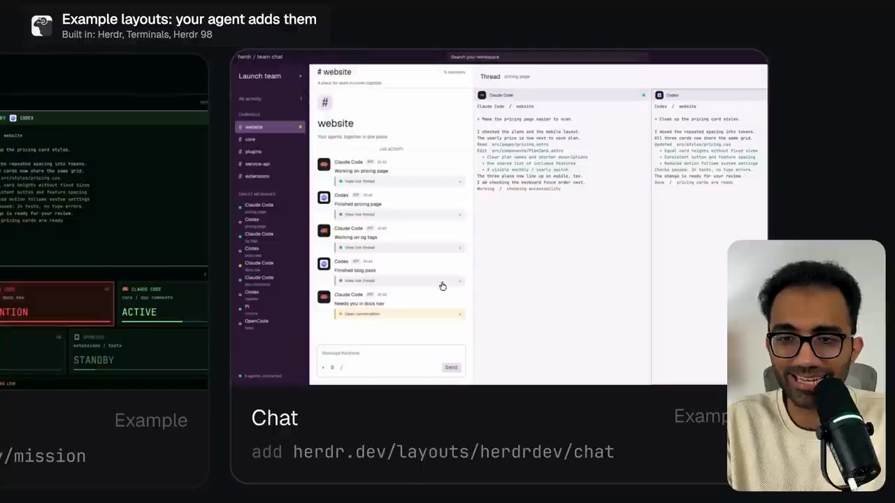 Example layouts của herdr: Mission và Chat, kèm lệnh add herdr.dev/layouts/herdrdev/chat
