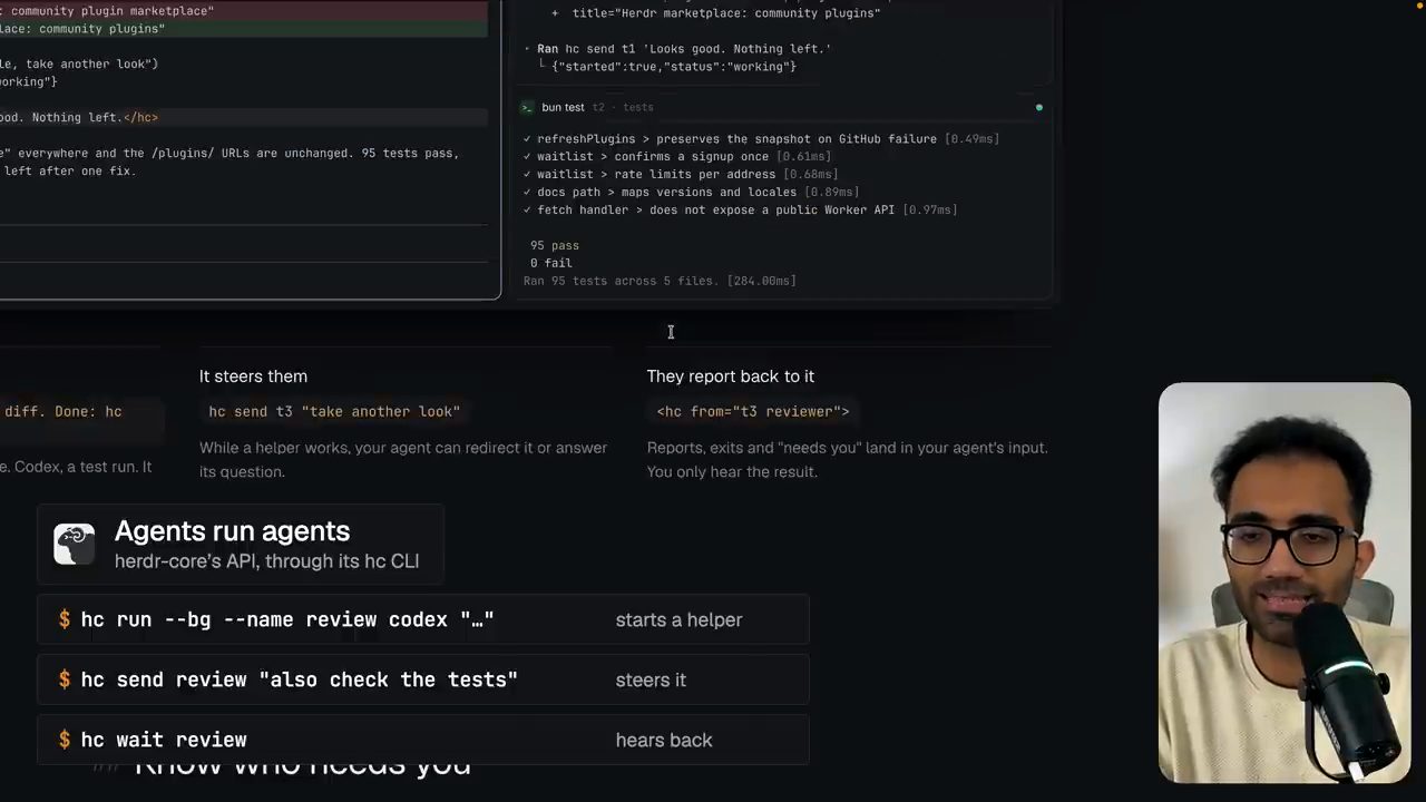 Trang herdr: Agents run agents, herdr-core's API through its hc CLI, với ba lệnh hc run, hc send, hc wait