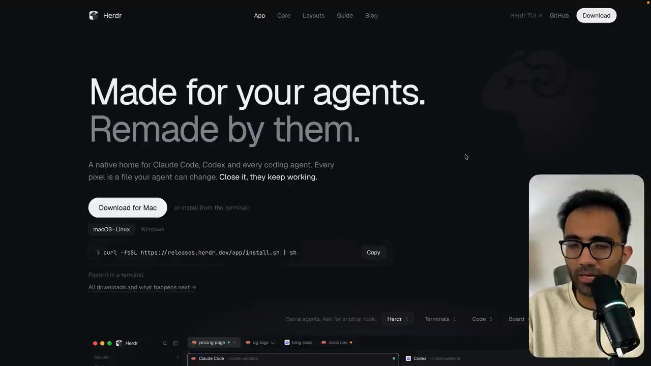 Trang chủ herdr.dev với dòng Made for your agents. Remade by them.