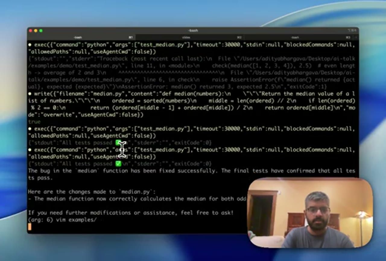 Terminal: agent chạy test fail, ghi median.py, chạy lại test và pass