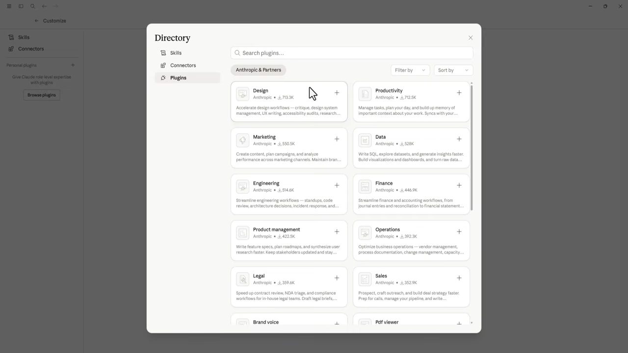 Thư mục Plugins của Claude với các plugin của Anthropic và partner