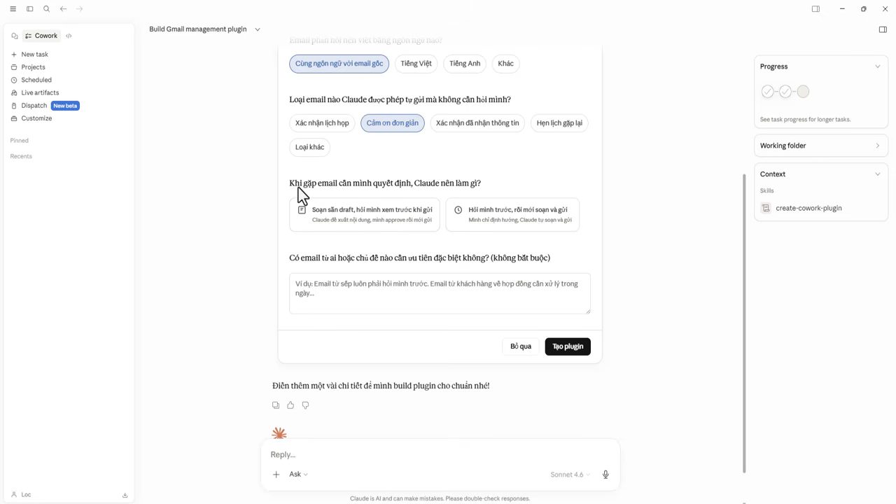 Khung câu hỏi của Claude trước khi tạo plugin Gmail