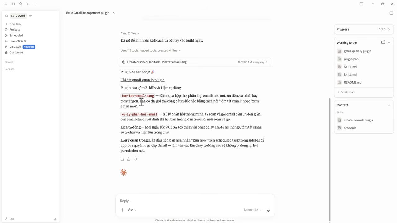 Claude báo plugin Gmail đã sẵn sàng với 2 skill và một lịch tự động