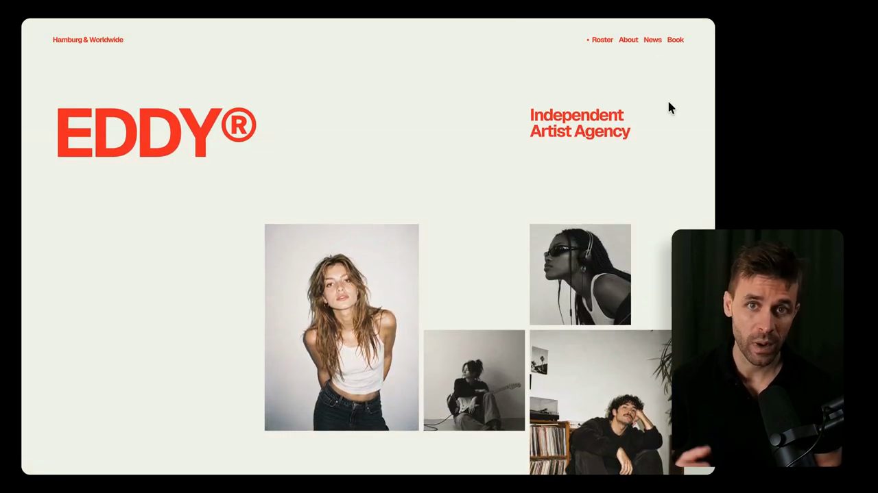 Trang chủ website EDDY với logo đỏ, dòng Independent Artist Agency và các ảnh nghệ sĩ