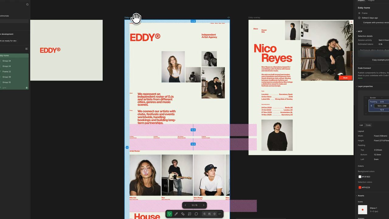 Figma ở Dev Mode với artboard Eddy-home được chọn, bảng Inspect bên phải có mục MCP và các thông số layout