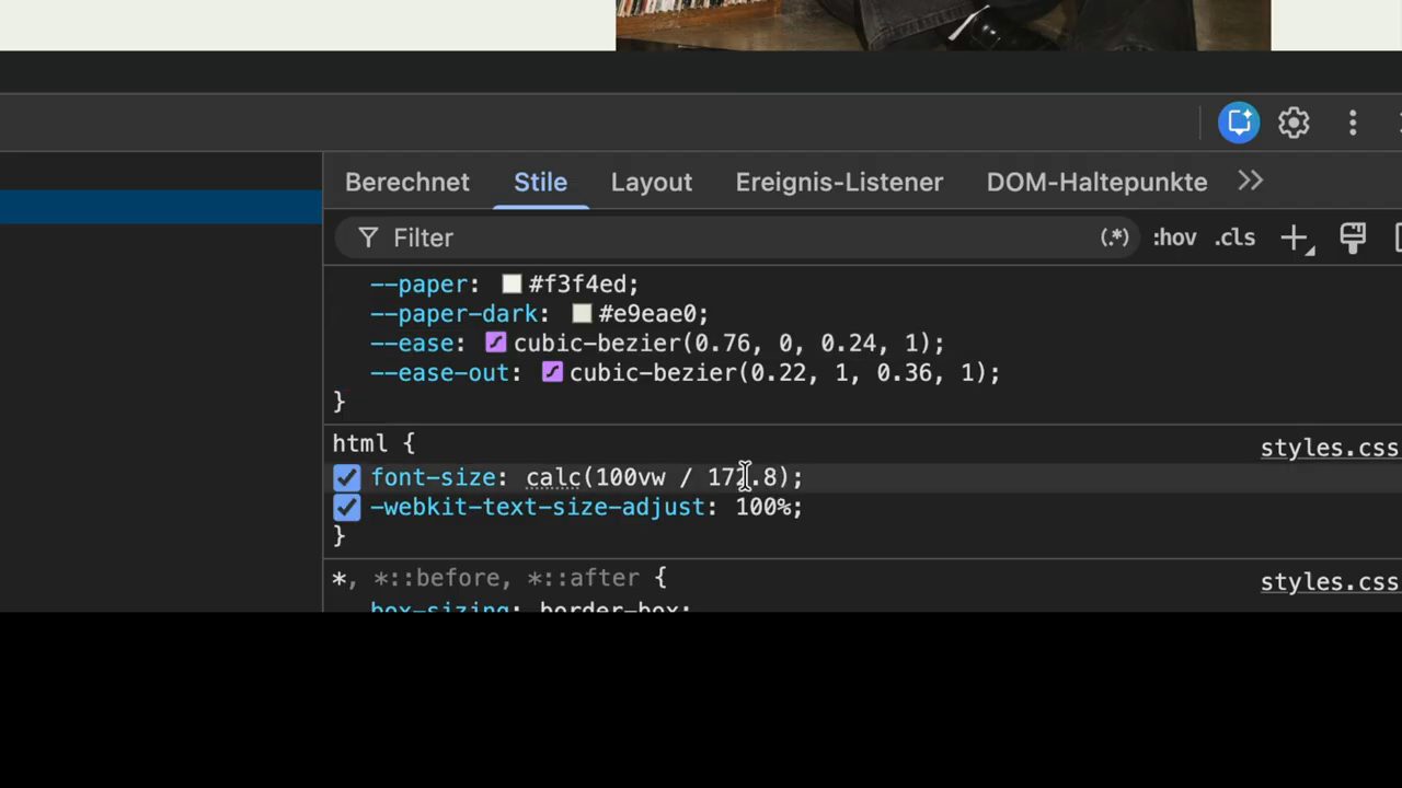 DevTools tab Stile hiển thị rule html với font-size calc(100vw / 172.8)