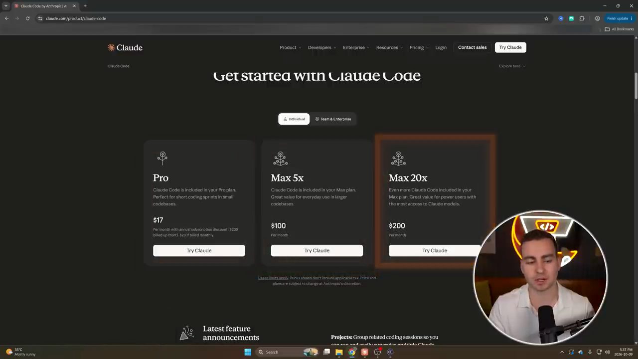 Trang claude.com/product/claude-code với ba gói Pro, Max 5x và Max 20x