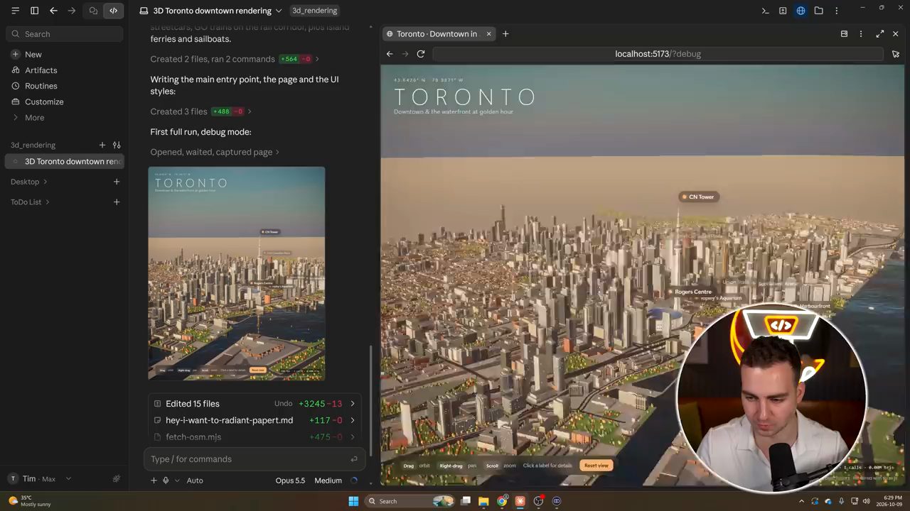 Bản 3D downtown Toronto trong trình duyệt tích hợp, nhãn CN Tower và Rogers Centre