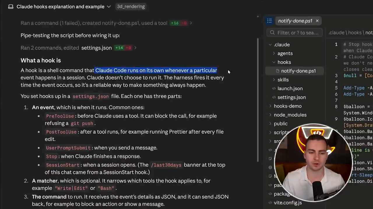 Claude giải thích hook là gì, các event PreToolUse, PostToolUse, UserPromptSubmit, Stop, SessionStart