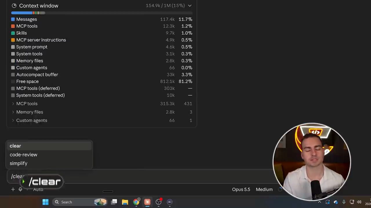 Bảng Context window 154.9k trên 1M, chia theo Messages, MCP tools, Skills, Free space