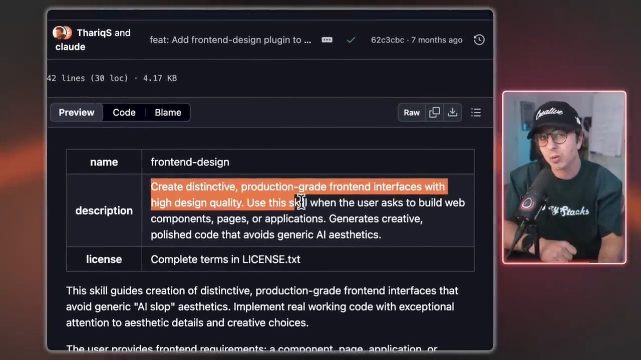 Frontmatter của skill frontend-design trên GitHub
