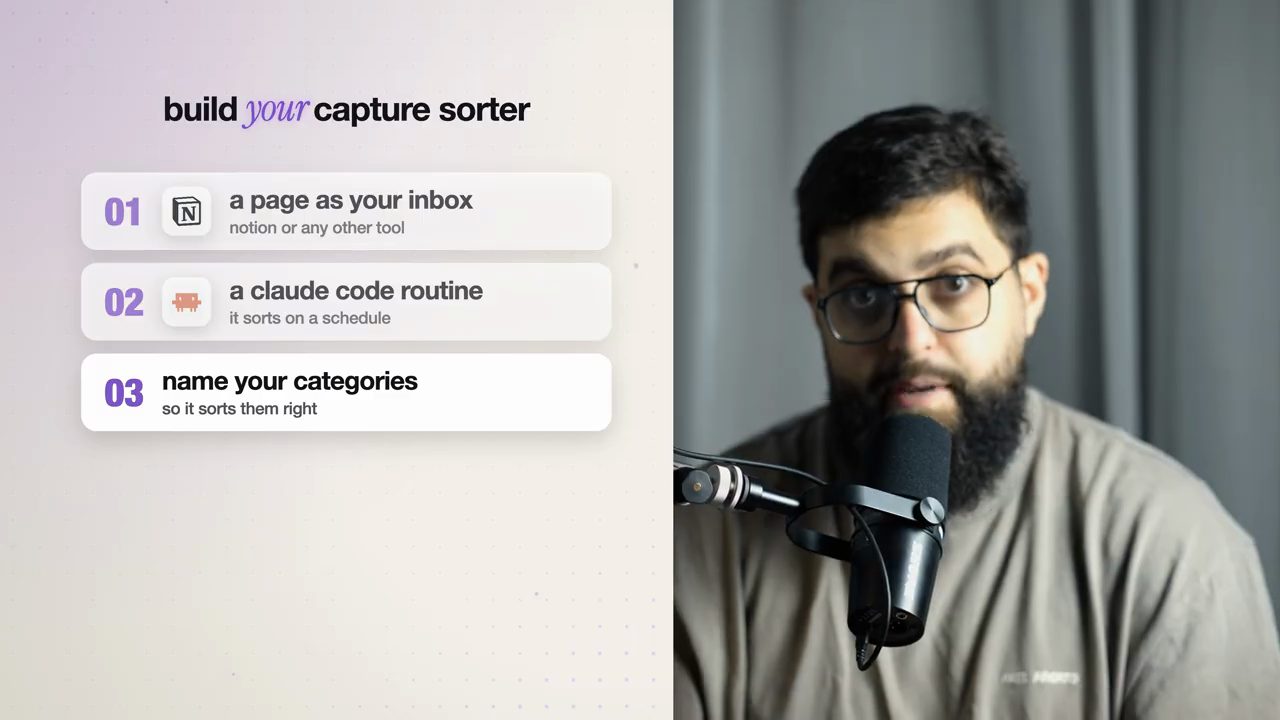 Khung build your capture sorter với ba bước: a page as your inbox, a claude code routine, name your categories