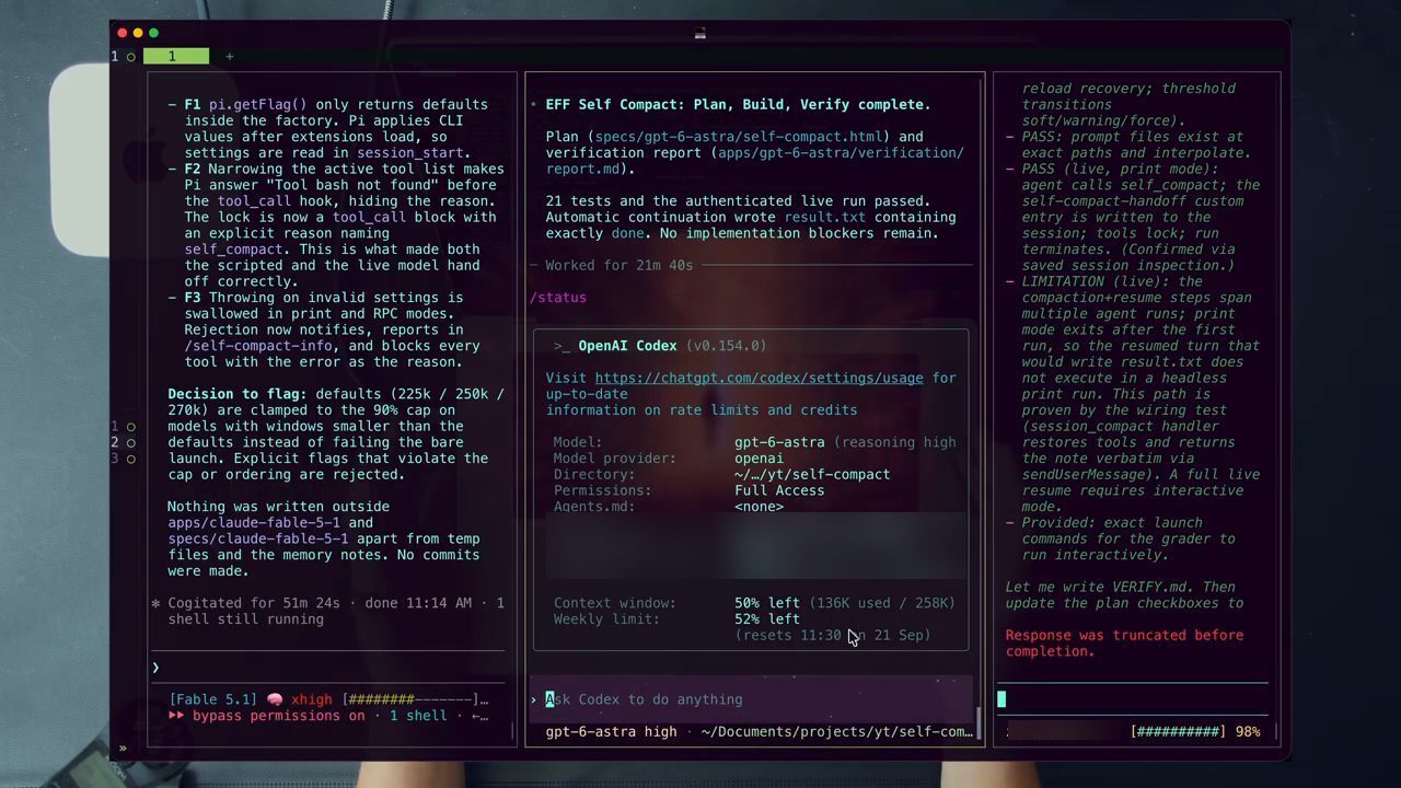 Ba cửa sổ terminal: Claude Code xong sau 51 phút, Codex xong sau 21 phút 40 giây, Pi với GLM 5.2 dừng ở 98% context