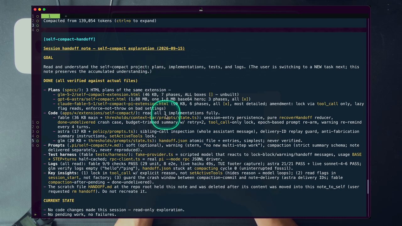 Compacted from 139,054 tokens và self-compact-handoff: Session handoff note với GOAL, DONE và CURRENT STATE