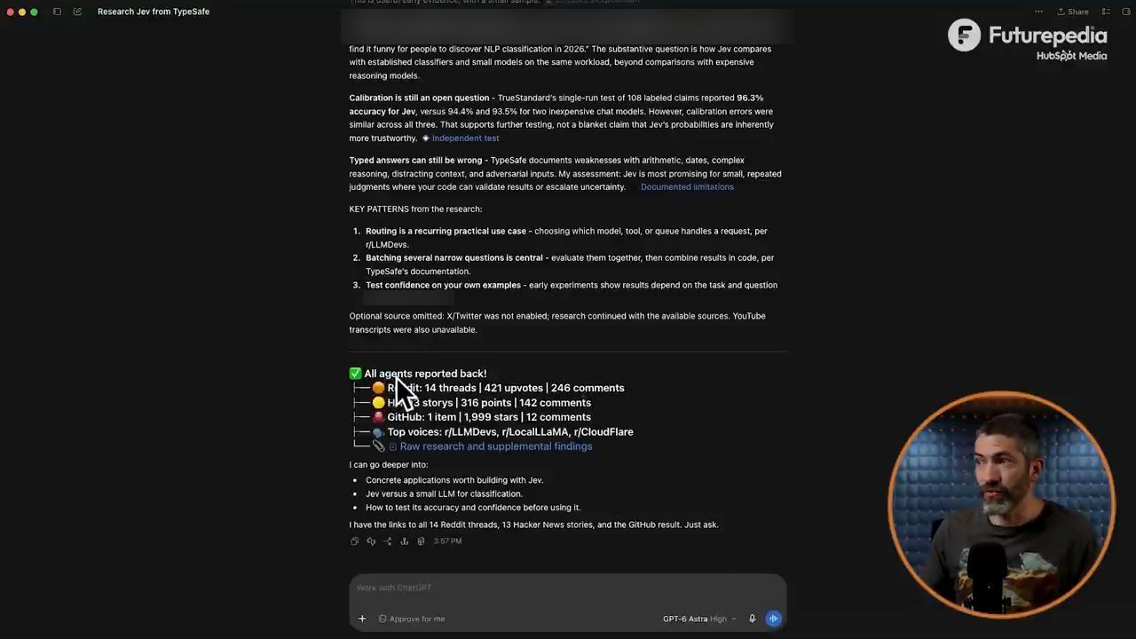Báo cáo Research Jev from TypeSafe trong ChatGPT, phần cuối liệt kê các nguồn Reddit, Hacker News và GitHub