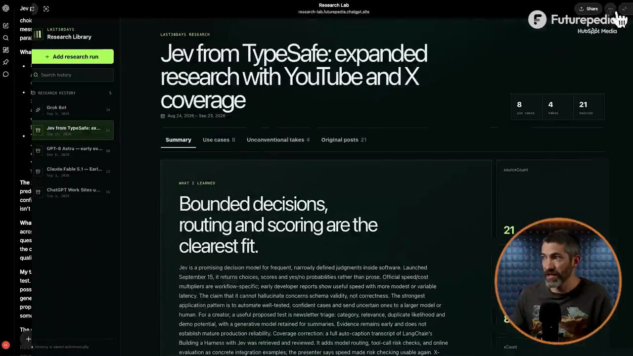 Trang Research Lab của Kevin: tiêu đề Jev from TypeSafe expanded research with YouTube and X coverage, các tab Summary, Use cases, Unconventional takes, Original posts
