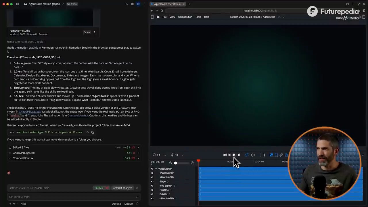 Bên trái là chat của agent mô tả video 12 giây đã build, bên phải là Remotion Studio với timeline các lớp Stage, Intro caption, Headline, Subtitle
