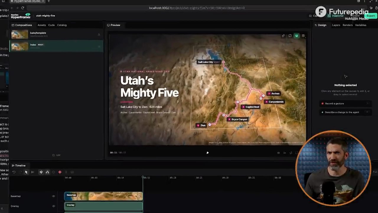 HyperFrames Studio hiển thị bản đồ địa hình Utah với tuyến đường từ Salt Lake City qua Arches, Canyonlands, Capitol Reef, Bryce Canyon tới Zion và tiêu đề Utah's Mighty Five