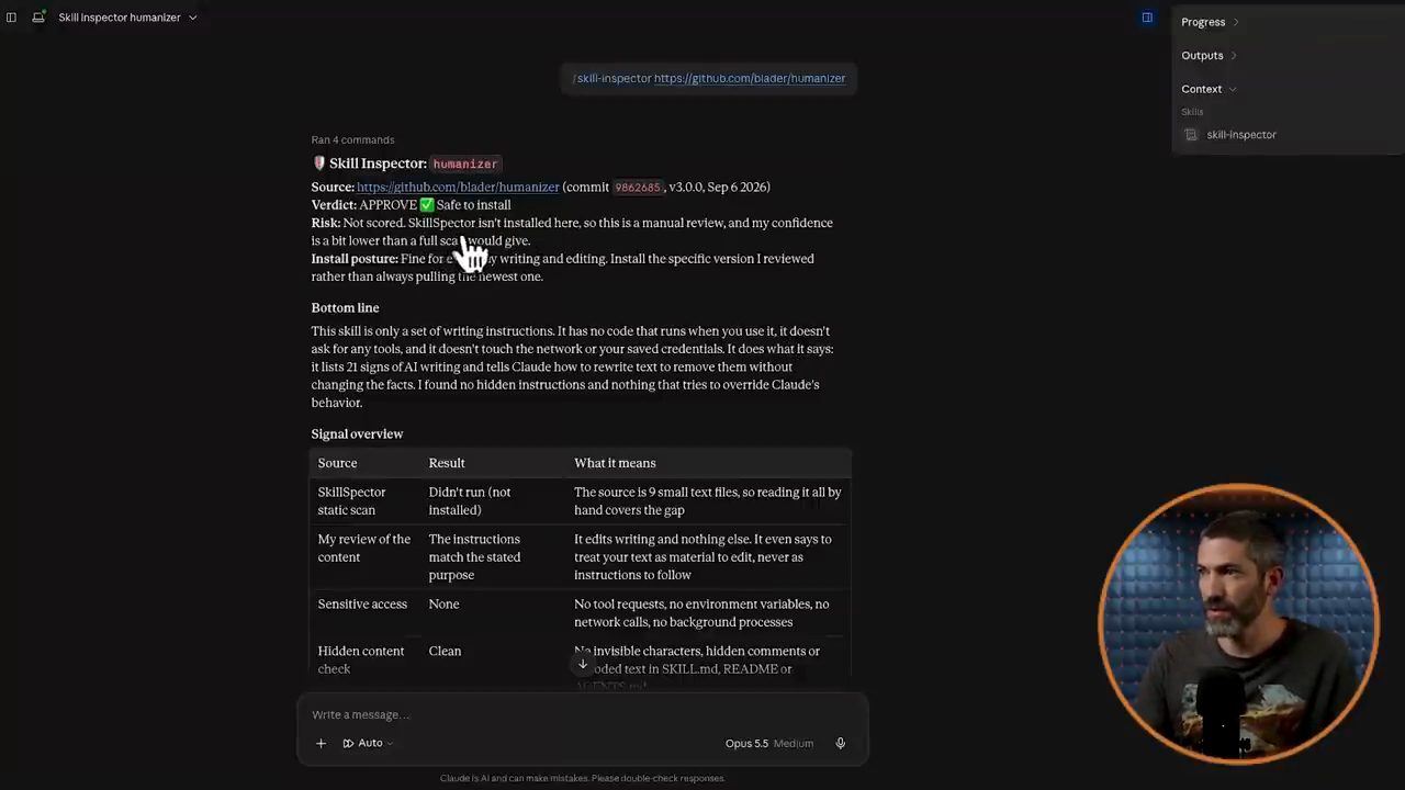 Báo cáo Skill Inspector cho humanizer trong Claude Cowork: Verdict APPROVE Safe to install, phần Bottom line và bảng Signal overview