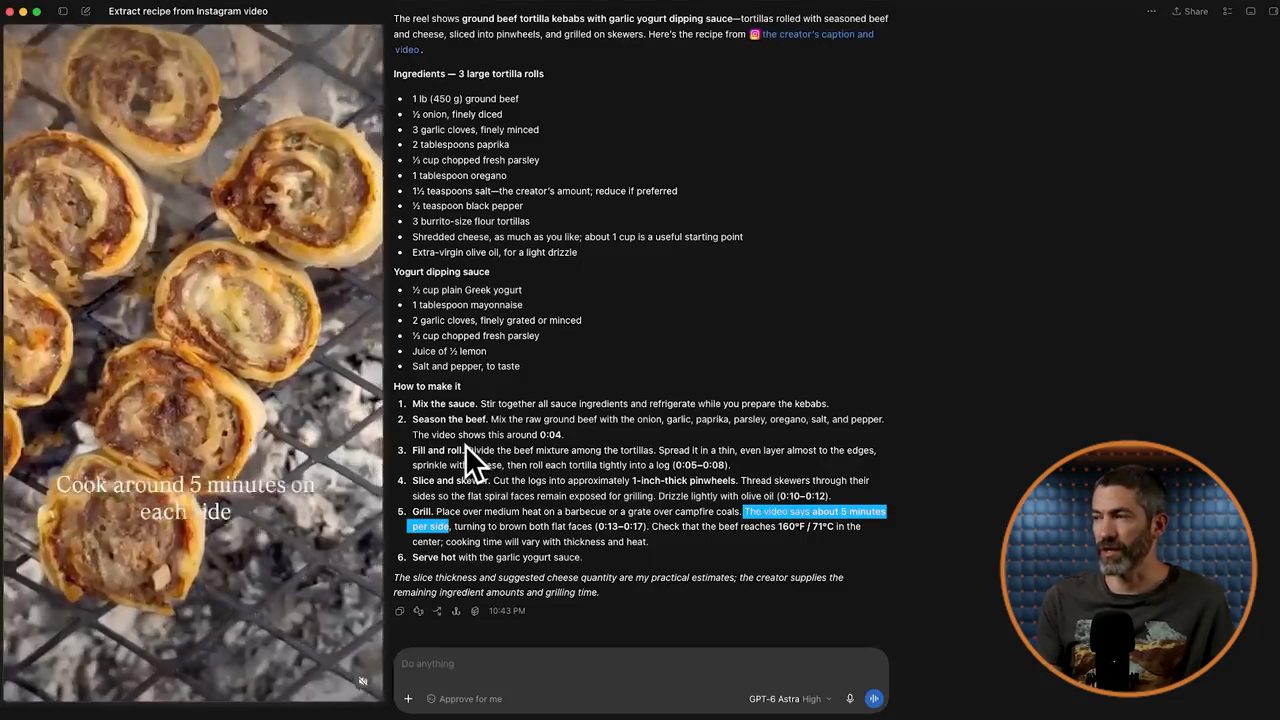 Bên trái là khung hình video nướng cuộn bánh tortilla với chữ Cook around 5 minutes on each side, bên phải là công thức đầy đủ với nguyên liệu và các bước