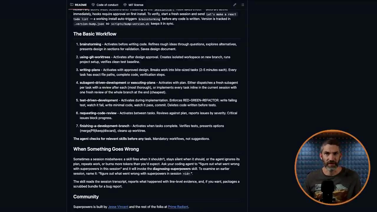 README của Superpowers trên GitHub, mục The Basic Workflow liệt kê bảy skill từ brainstorming tới finishing-a-development-branch
