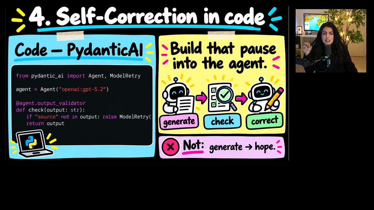 Slide 4. Self-Correction in code với code PydanticAI và chuỗi generate, check, correct