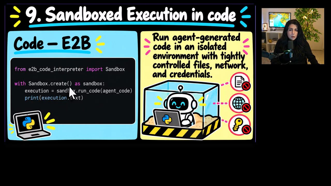 Slide 9. Sandboxed Execution in code với code E2B và robot ngồi trong hộp kính bị chặn file, network, key