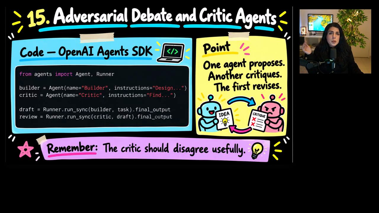 Slide 15. Adversarial Debate and Critic Agents với code OpenAI Agents SDK builder và critic