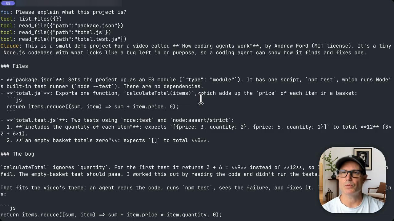 Terminal: câu hỏi Please explain what this project is, bốn lần gọi tool và câu trả lời của Claude