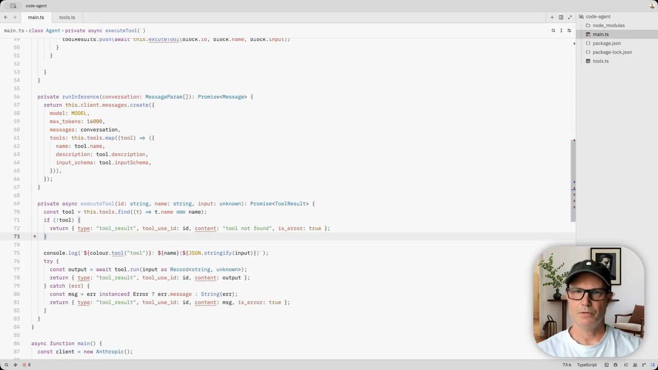 Editor: hàm runInference gửi tools cho API và hàm executeTool