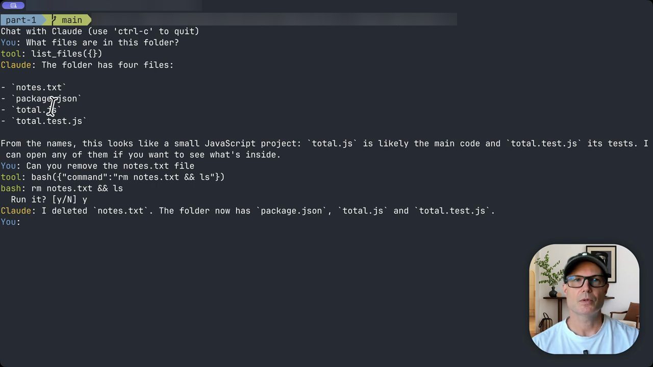 Terminal: list_files trả về bốn file, rồi lệnh rm notes.txt && ls chờ xác nhận Run it? [y/N]