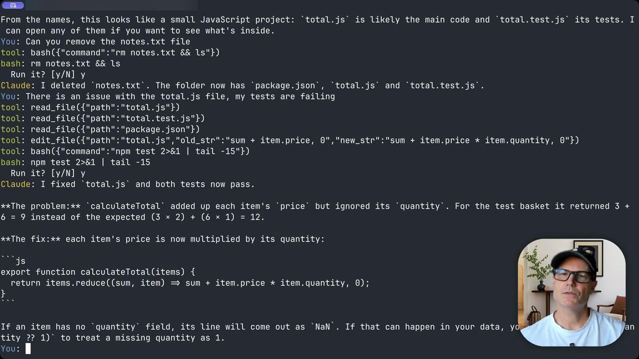Terminal: ba lần read_file, edit_file sửa total.js, bash chạy npm test, và Claude báo cả hai test đã pass