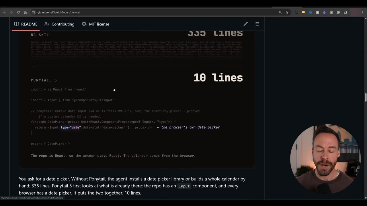 README của Ponytail: No skill 335 lines, Ponytail 5 10 lines, dùng input type date của trình duyệt