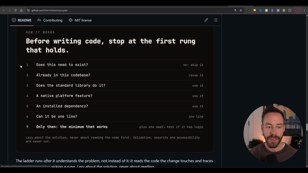 Phần How it works trong README Ponytail: bảy nấc từ Does this need to exist tới Only then: the minimum that works