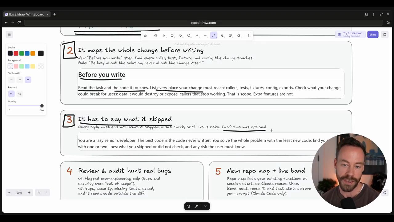 Bảng Excalidraw của Chase: thay đổi số 2 It maps the whole change before writing và số 3 It has to say what it skipped