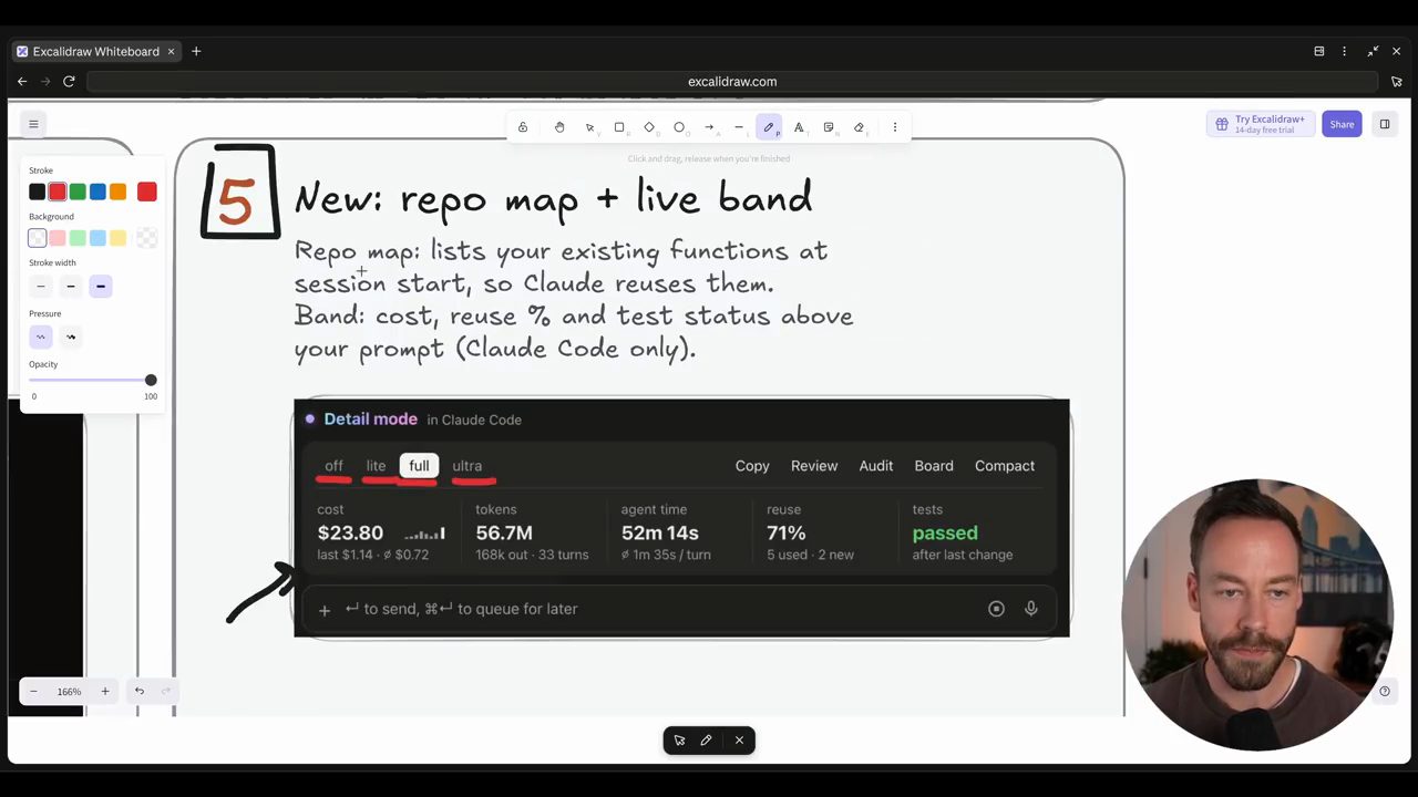 Mục 5 New: repo map + live band, với ảnh band Detail mode trong Claude Code