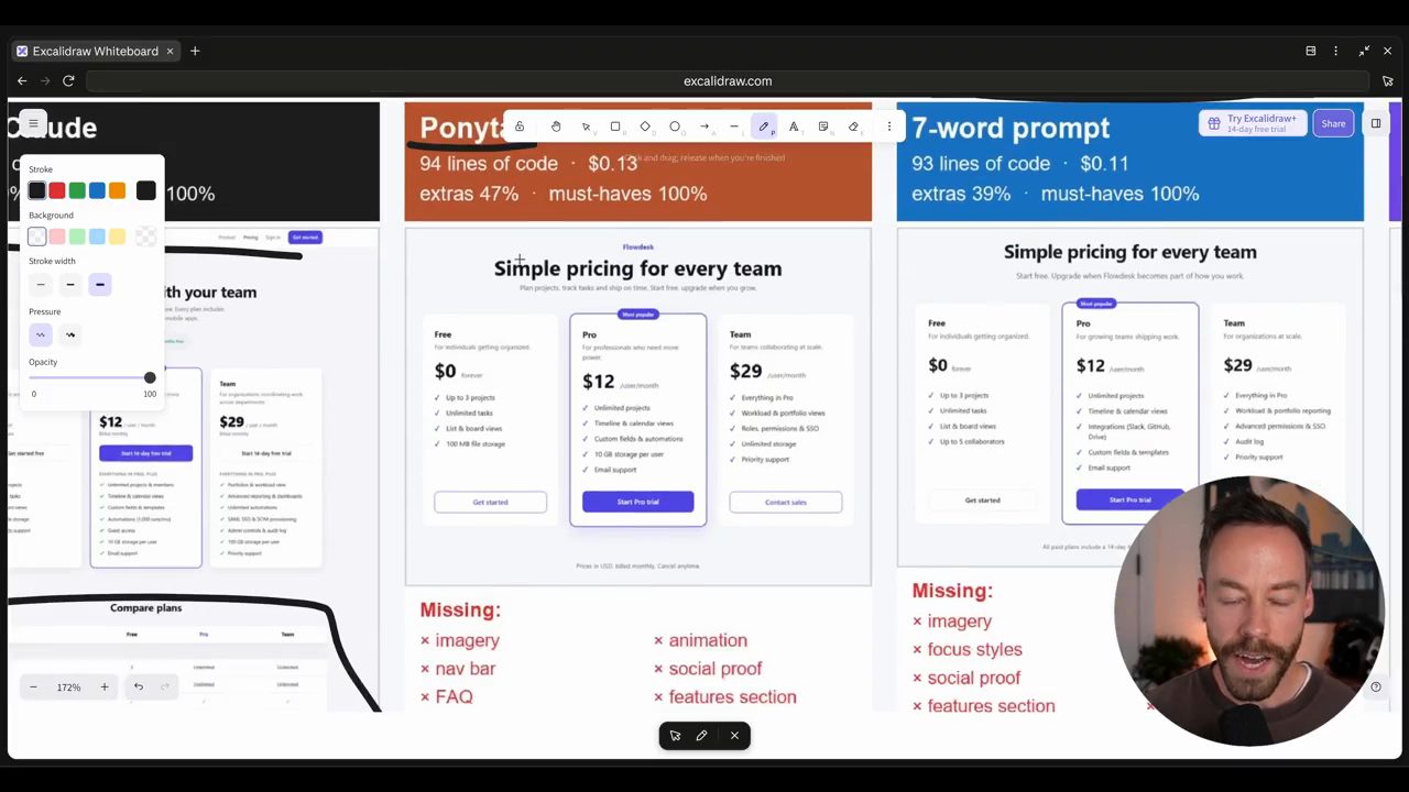 Trang pricing Flowdesk của Ponytail 5 và prompt bảy chữ, kèm danh sách Missing
