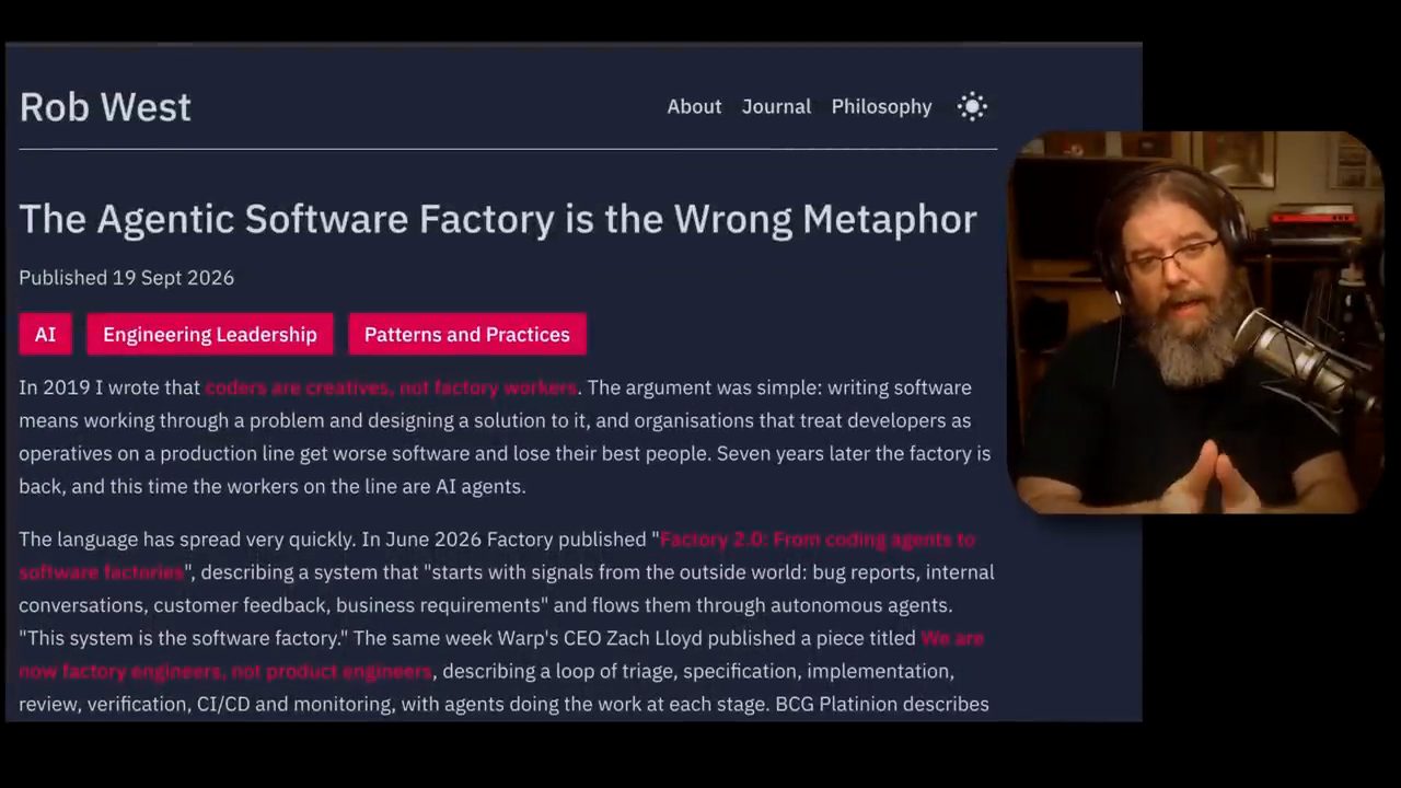 Trang bài viết The Agentic Software Factory is the Wrong Metaphor trên site của Rob West, Published 19 Sept 2026