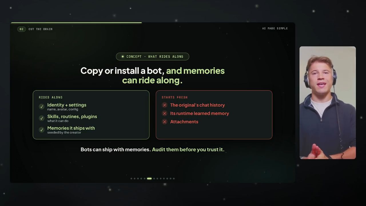 Slide Copy or install a bot, and memories can ride along: Rides along và Starts fresh