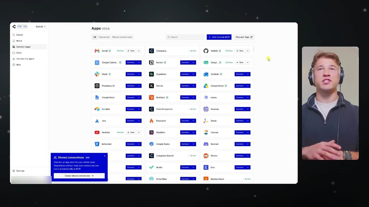 Dashboard Composio, trang Apps với 1553 app: Gmail, GitHub, Slack, Notion, Supabase, Twitter, HubSpot, YouTube và nhiều app khác