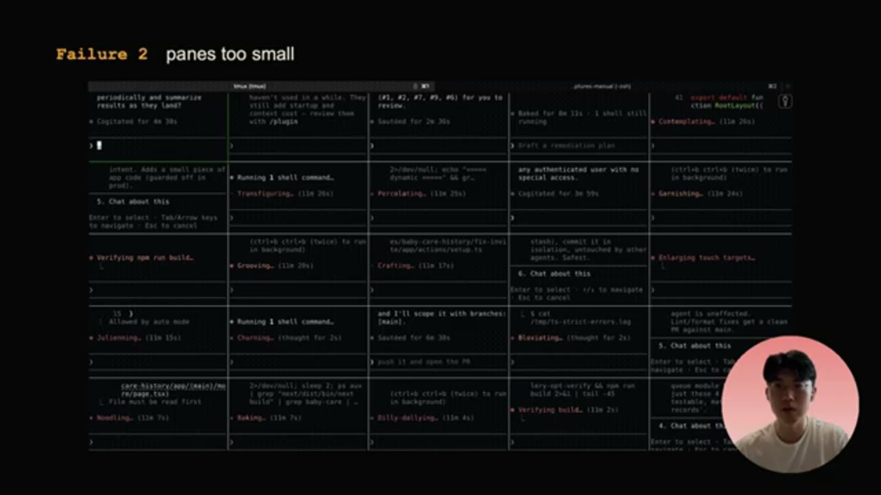 Failure 2: một cửa sổ tmux chia thành rất nhiều pane nhỏ, chữ bị cắt cụt