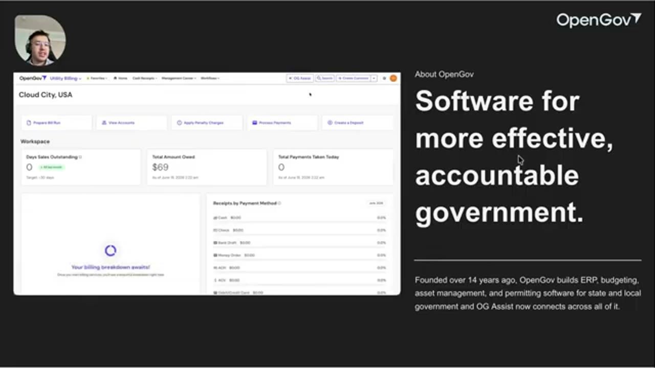Slide About OpenGov với ảnh màn hình sản phẩm Utility Billing của Cloud City, USA