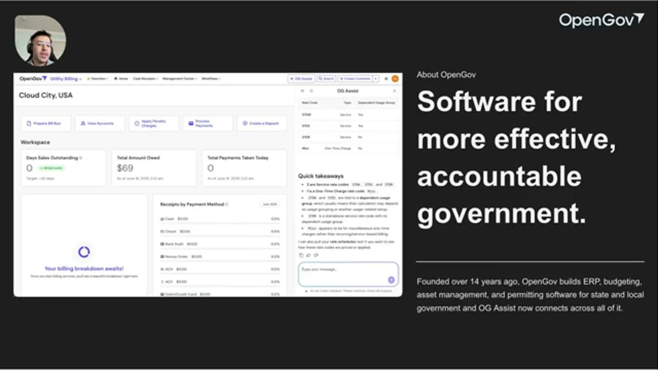 OG Assist mở bên phải màn hình Utility Billing, trả lời bằng bảng rate code và Quick takeaways