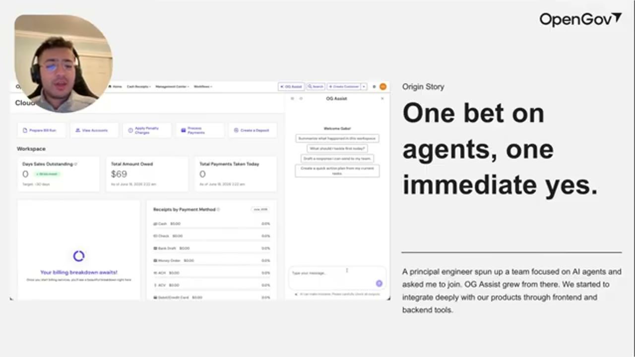 Slide Origin Story: One bet on agents, one immediate yes, với OG Assist hiện các gợi ý mở đầu