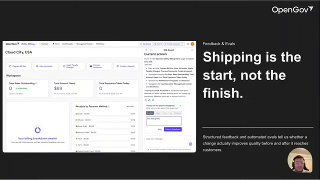 Slide Feedback and Evals: Shipping is the start, not the finish, với form feedback trong OG Assist