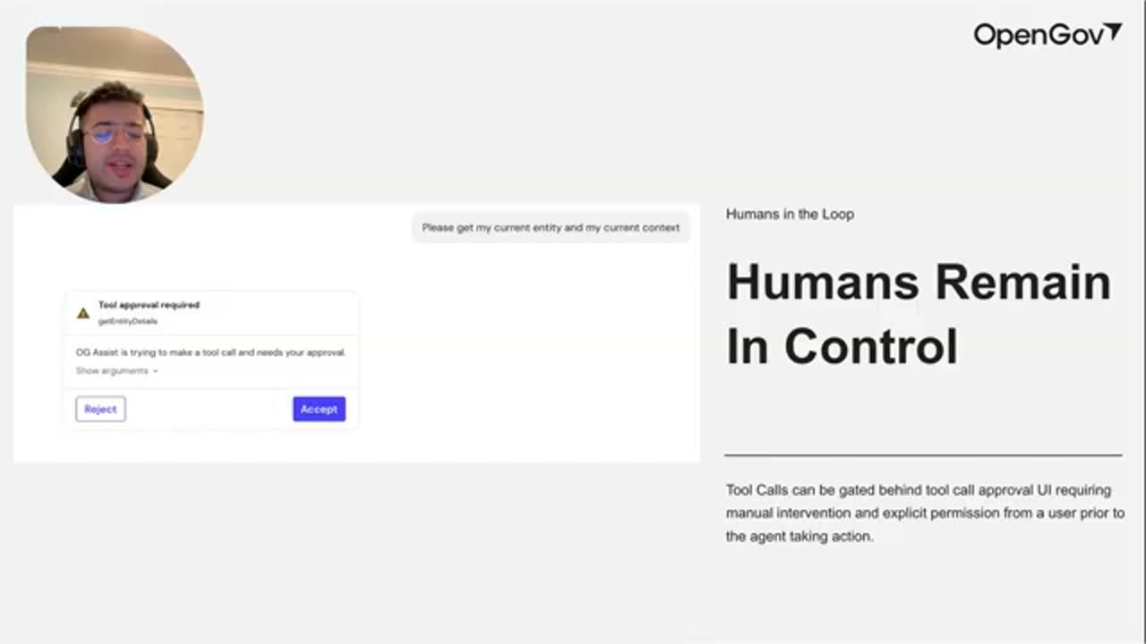 Slide Humans Remain In Control với hộp Tool approval required và hai nút Reject, Accept