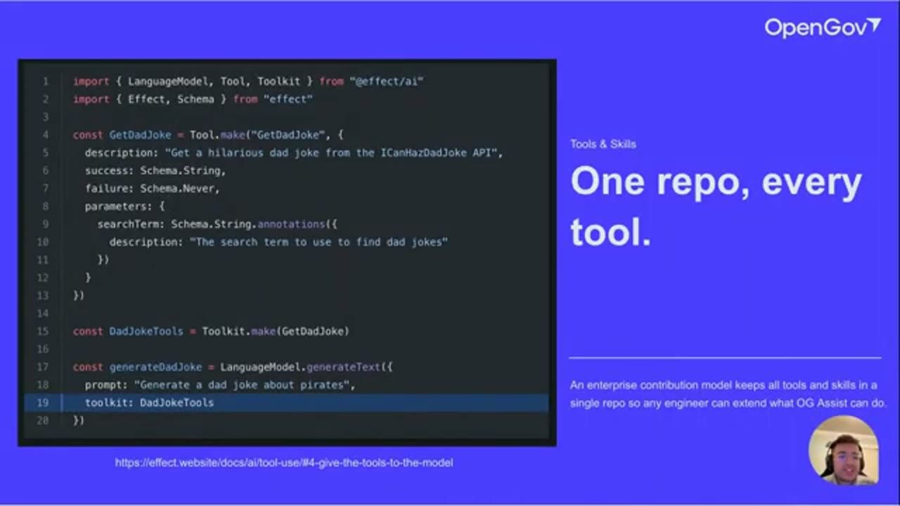 Slide Tools and Skills: One repo, every tool, với code GetDadJoke dùng Tool, Toolkit và LanguageModel